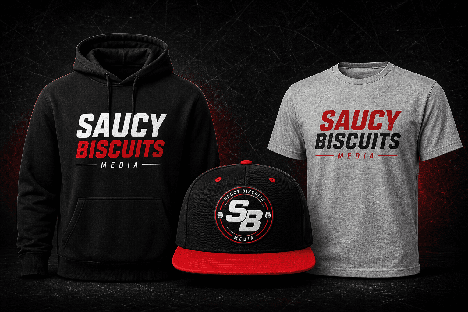 Saucy Biscuits hoodie, hat, and shirt merchandise mockup